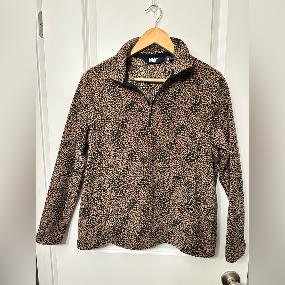 Lands End Brown & Black Cheetah Print Fleece Quarter Zip Pullover Size Medium